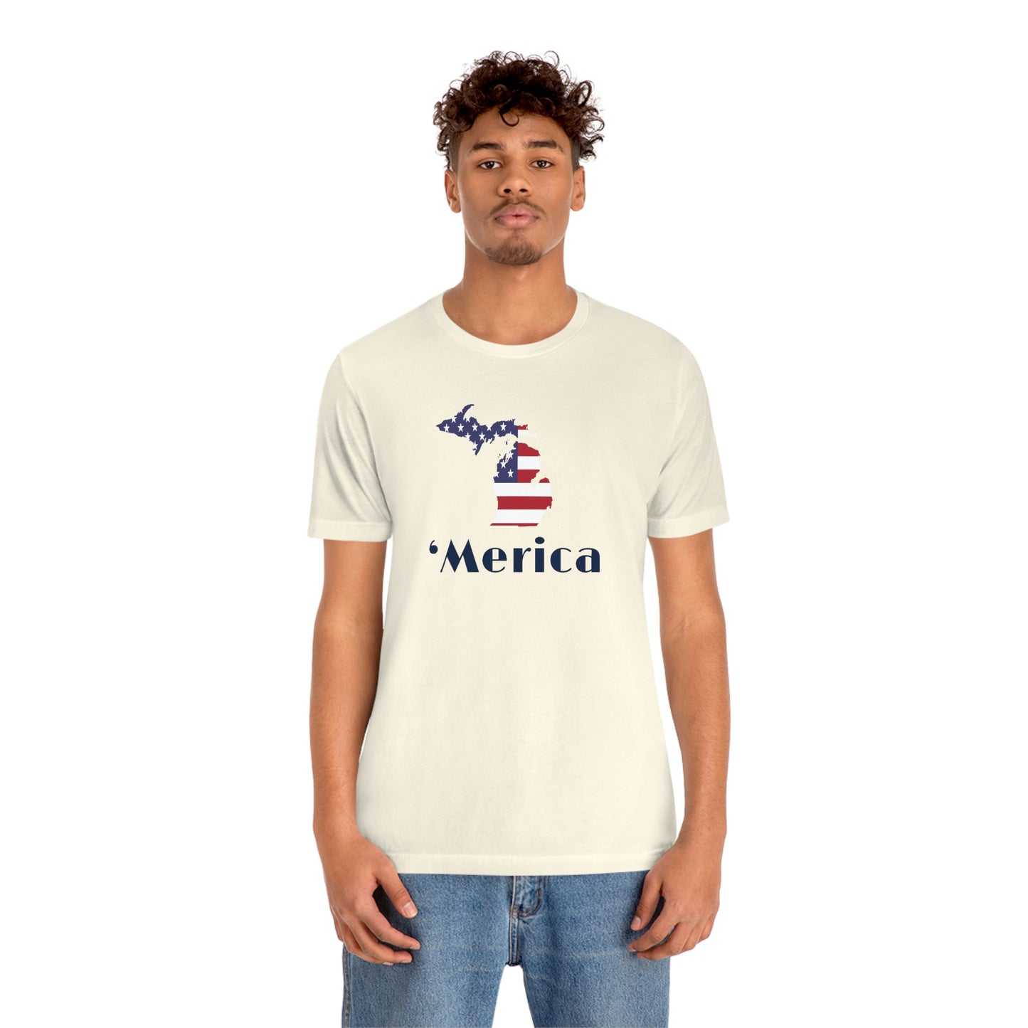 Michigan 'Merica' T-Shirt (Art Deco Font w/ MI USA Flag Outline) | Unisex Standard Fit