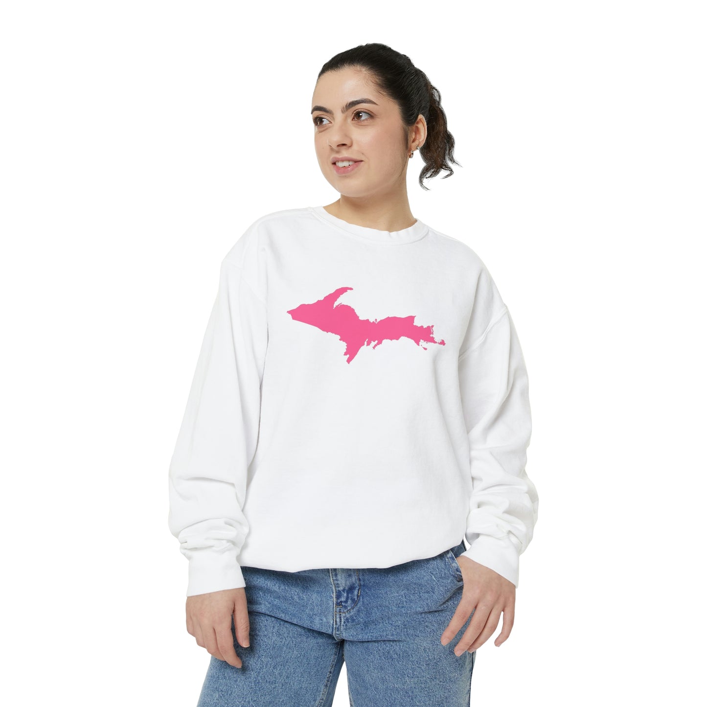 Michigan Upper Peninsula Sweatshirt (w/ Pink UP Outline) | Unisex Garment Dyed