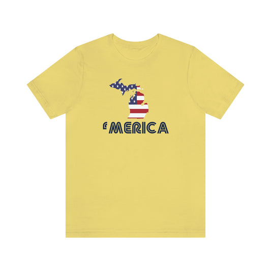 Michigan 'Merica' T-Shirt (Audiophile Font w/ MI USA Flag Outline) | Unisex Standard Fit