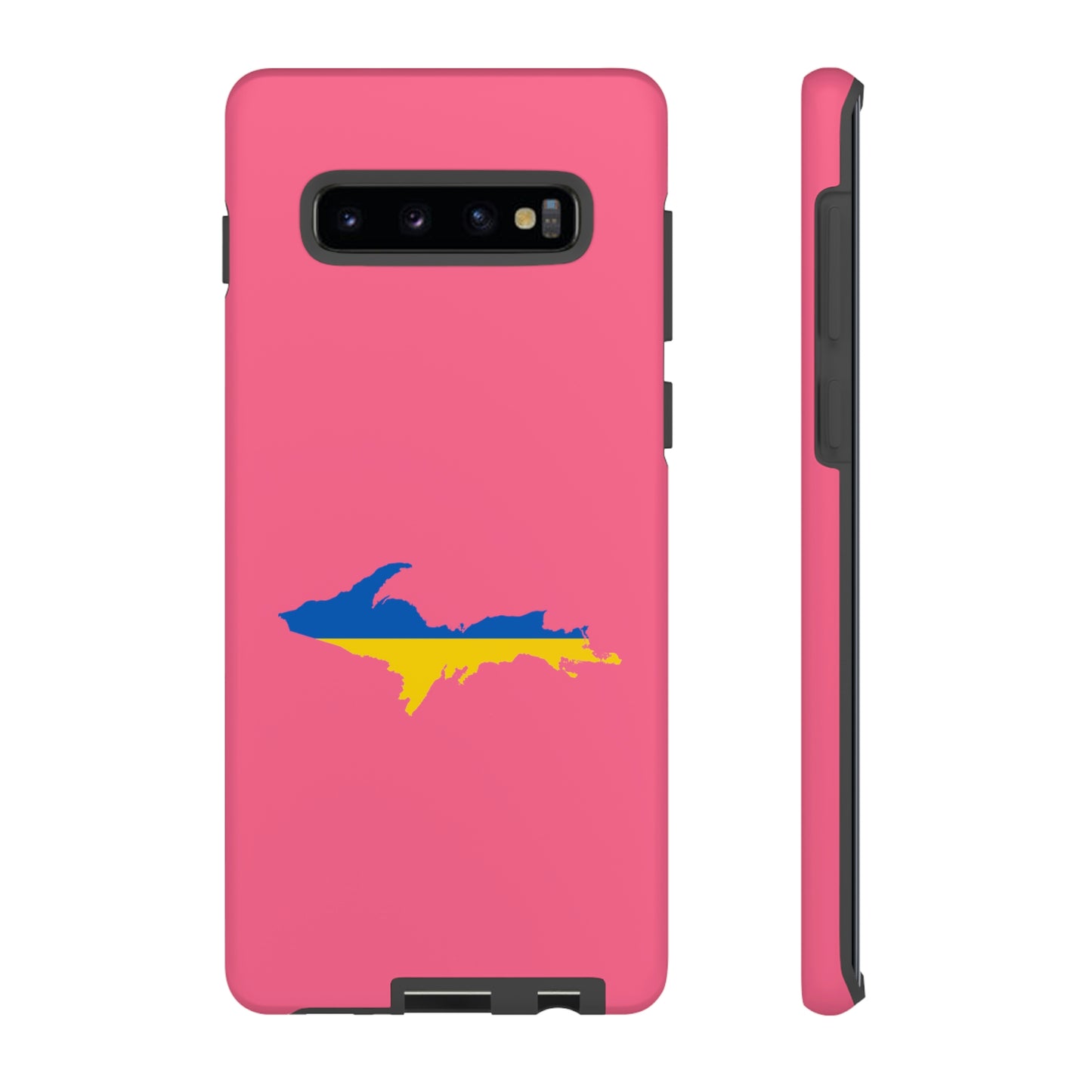 Michigan Upper Peninsula Tough Phone Case (Rhodochrosite Pink w/ UP Ukraine Flag Outline) | Samsung & Pixel Android