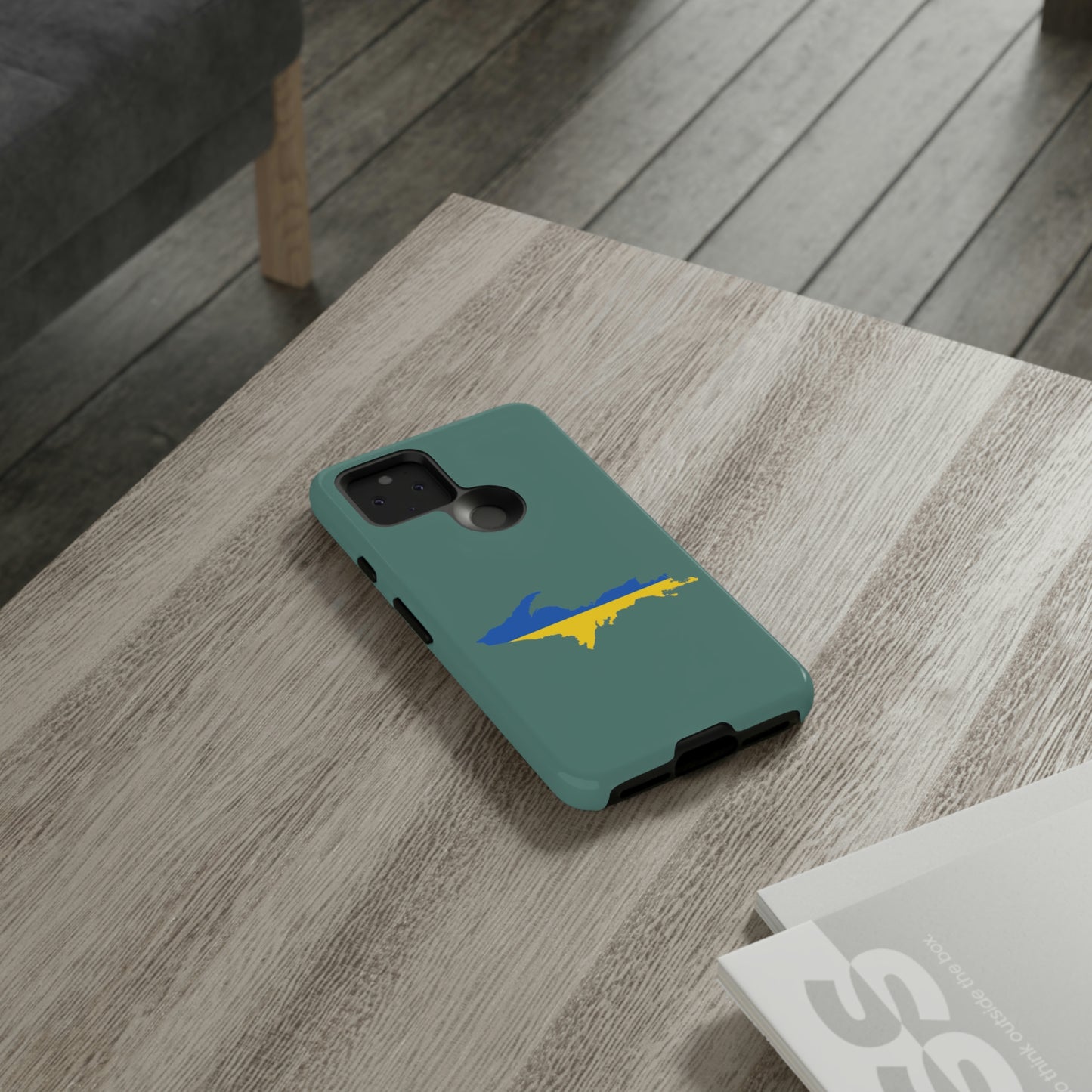 Michigan Upper Peninsula Tough Phone Case (Copper Green w/ UP Ukraine Flag Outline) | Samsung & Pixel Android