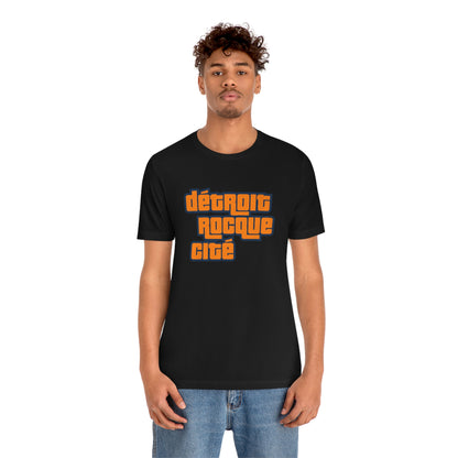 'Détroit Rocque Cité' T-Shirt (Orange Automotive Crime Parody) | Unisex Standard Fit