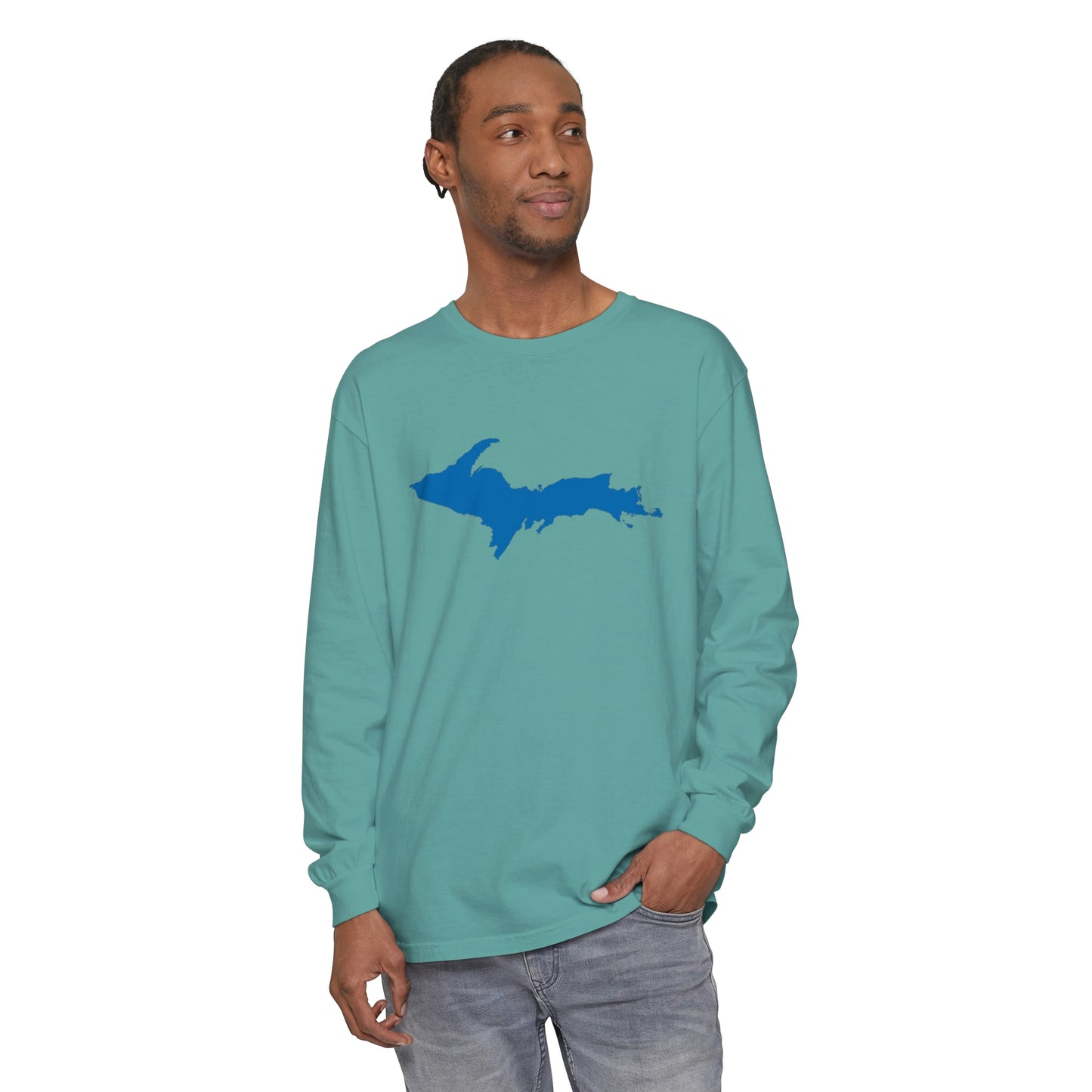 Michigan Upper Peninsula Garment-Dyed T-Shirt (w/ Azure UP Outline) | Unisex Long Sleeve