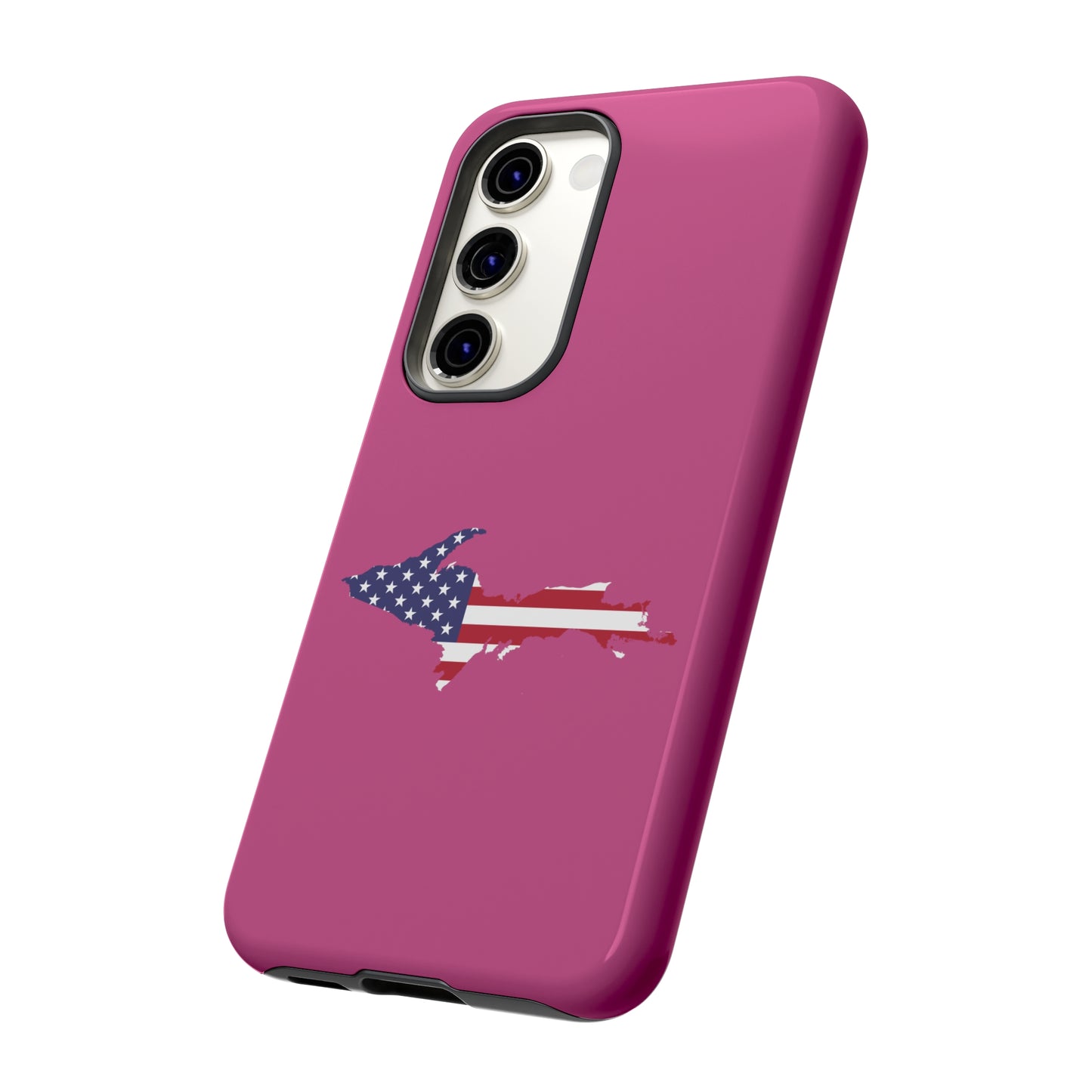 Michigan Upper Peninsula Tough Phone Case (Apple Blossom Pink w/ UP USA Flag Outline) | Samsung & Pixel Android