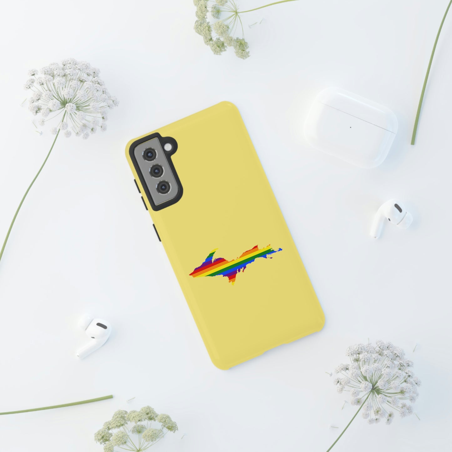 Michigan Upper Peninsula Tough Phone Case (Yellow Cherry Color w/ UP Pride Flag Outline) | Samsung & Pixel Android