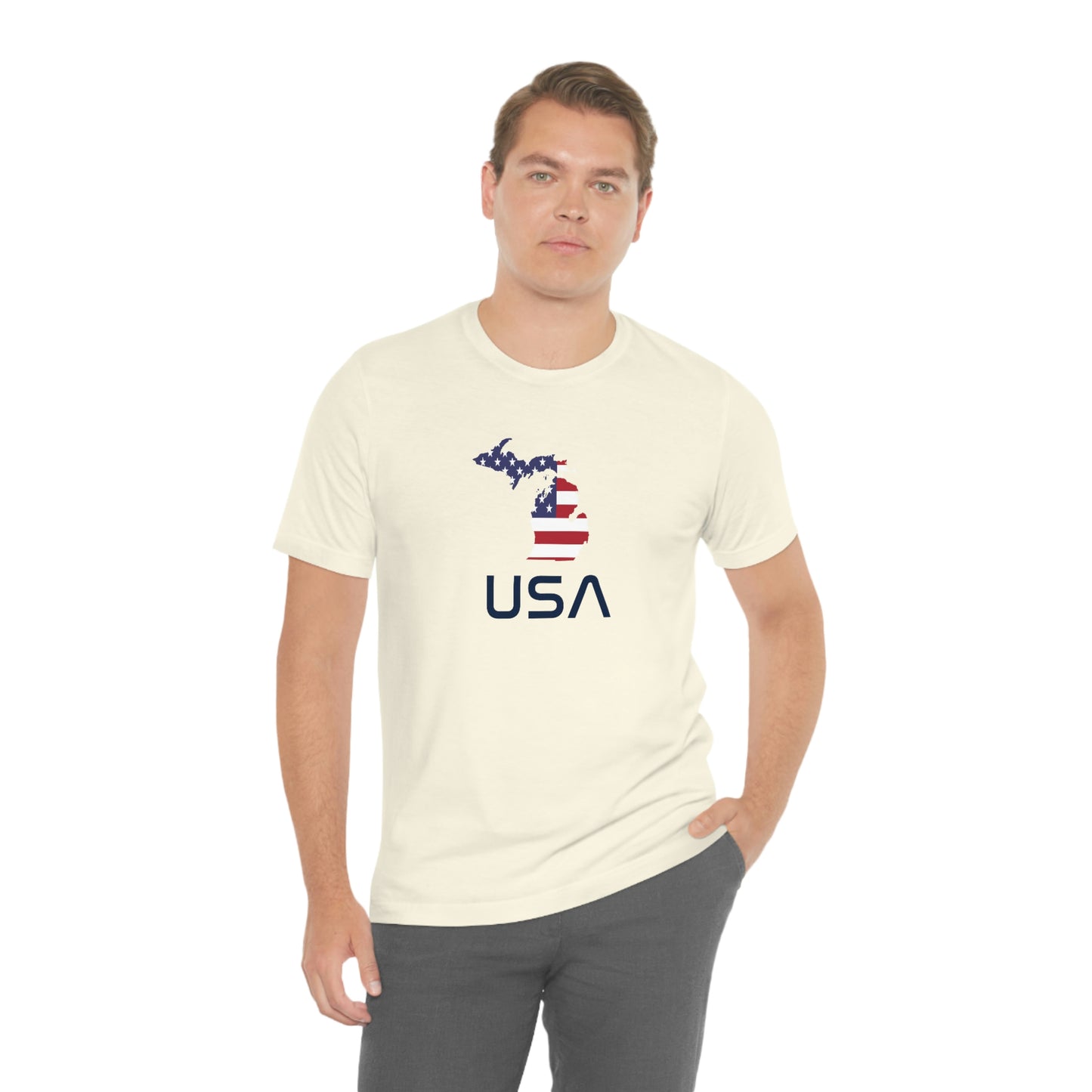 Michigan 'USA' T-Shirt (Space Agency Font w/ MI USA Flag Outline) | Unisex Standard Fit