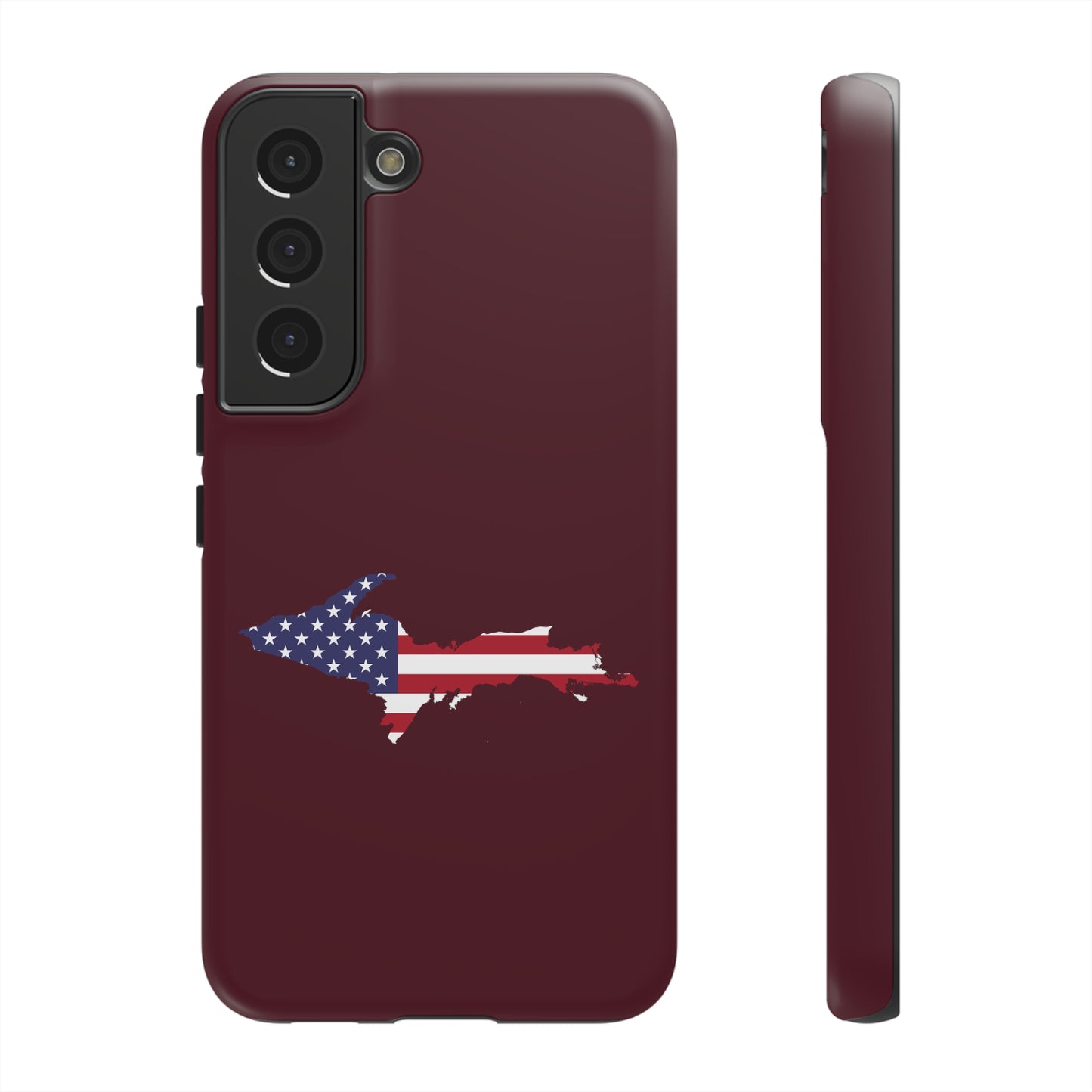 Michigan Upper Peninsula Tough Phone Case (Old Mission Burgundy w/ UP USA Flag Outline) | Samsung & Pixel Android