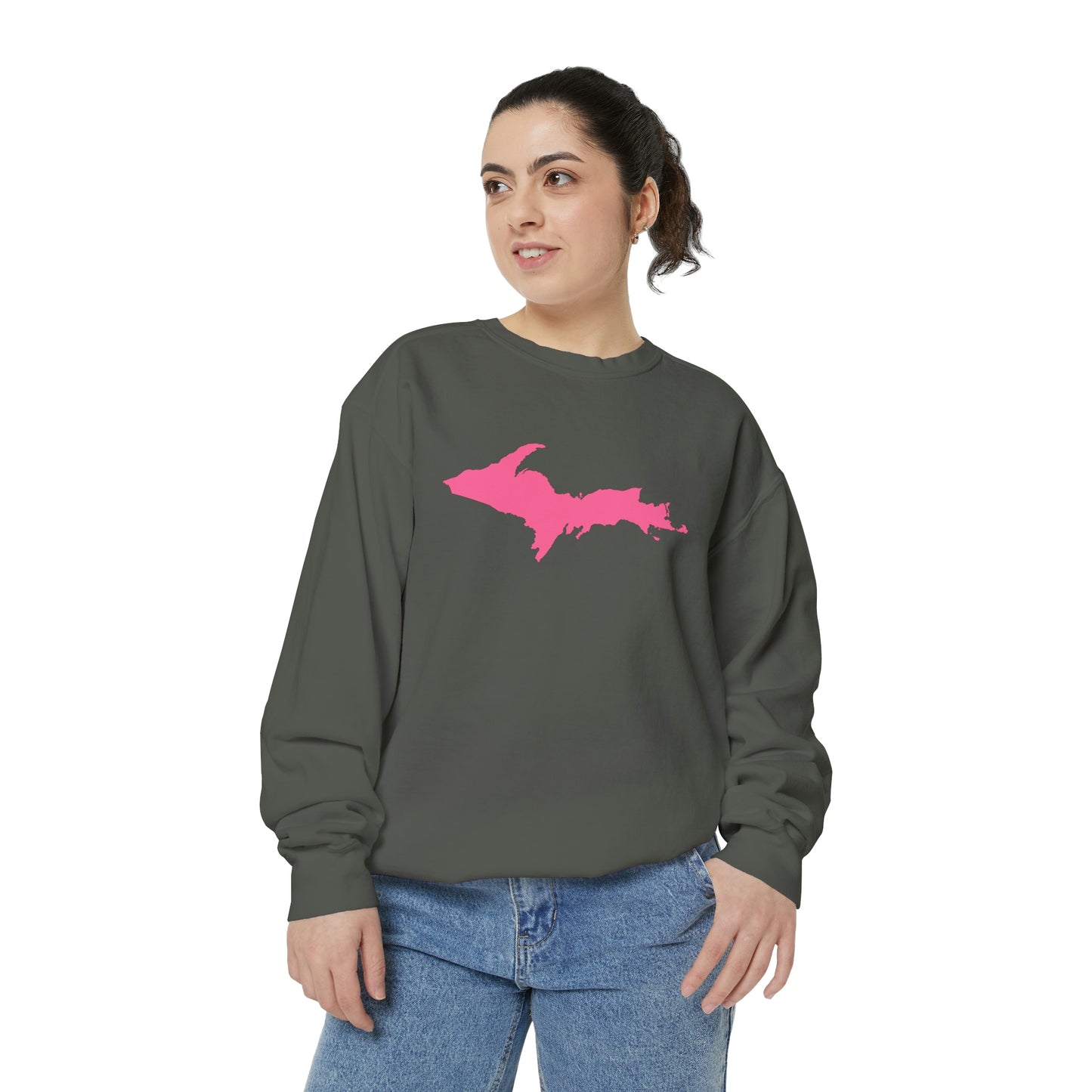 Michigan Upper Peninsula Sweatshirt (w/ Pink UP Outline) | Unisex Garment Dyed