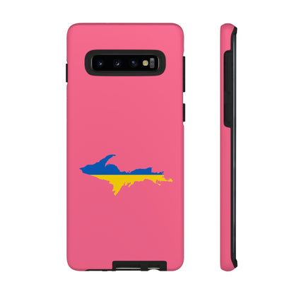 Michigan Upper Peninsula Tough Phone Case (Rhodochrosite Pink w/ UP Ukraine Flag Outline) | Samsung & Pixel Android