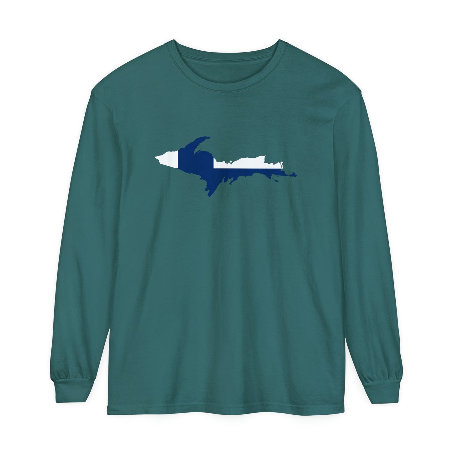 Michigan Upper Peninsula Garment-Dyed T-Shirt (w/ UP Finland Flag Outline) | Unisex Long Sleeve