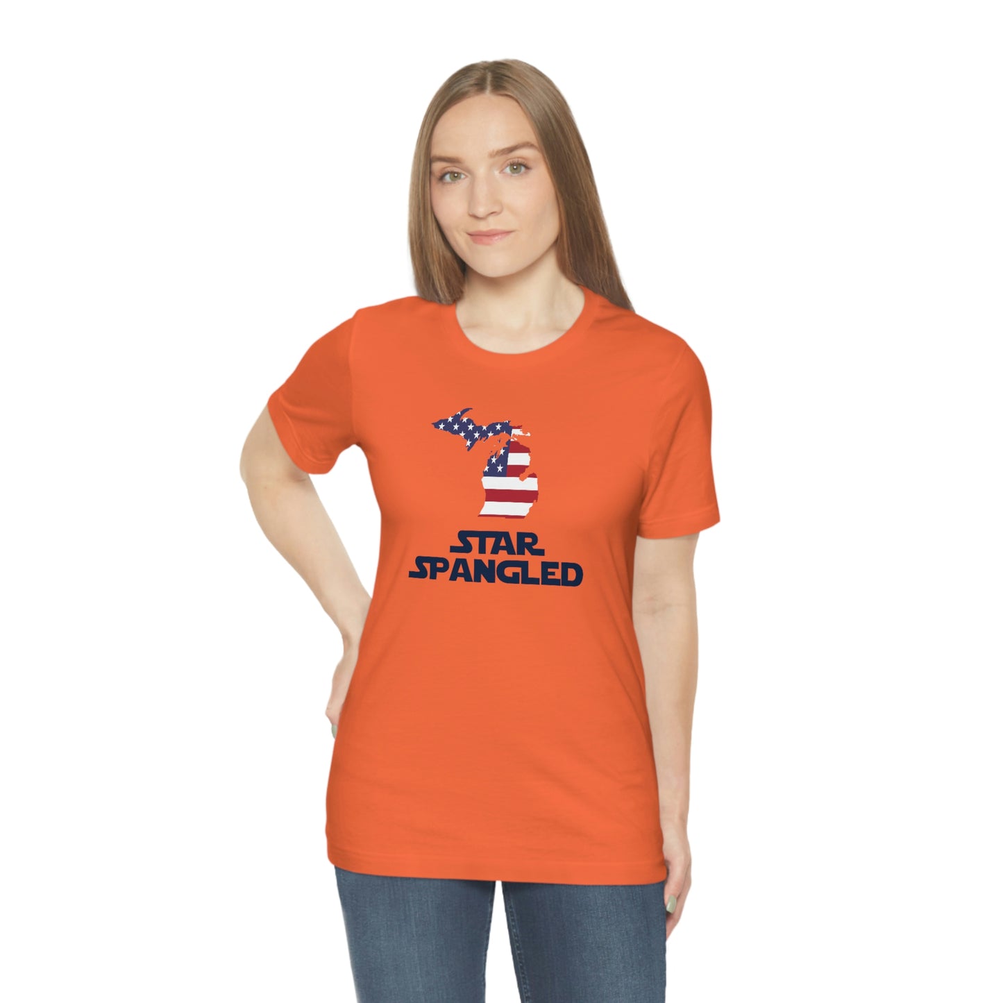 Michigan 'Star Spangled' T-Shirt (Epic Sci Fi Font w/ MI USA Flag Outline) | Unisex Standard Fit