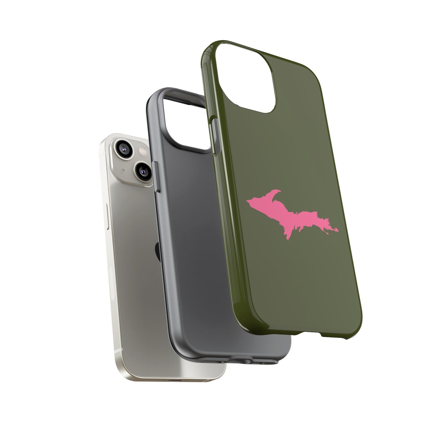 Michigan Upper Peninsula Tough Phone Case (Army Green w/ Pink UP Outline) | Apple iPhone