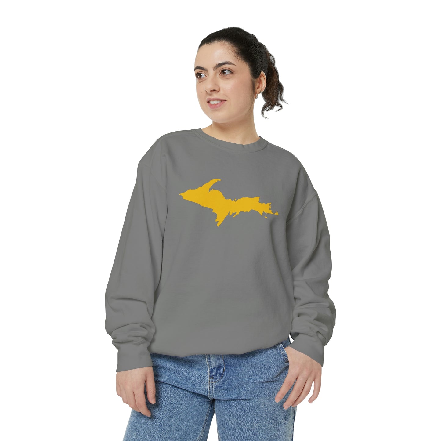 Michigan Upper Peninsula Sweatshirt (w/ Gold UP Outline) | Unisex Garment Dyed