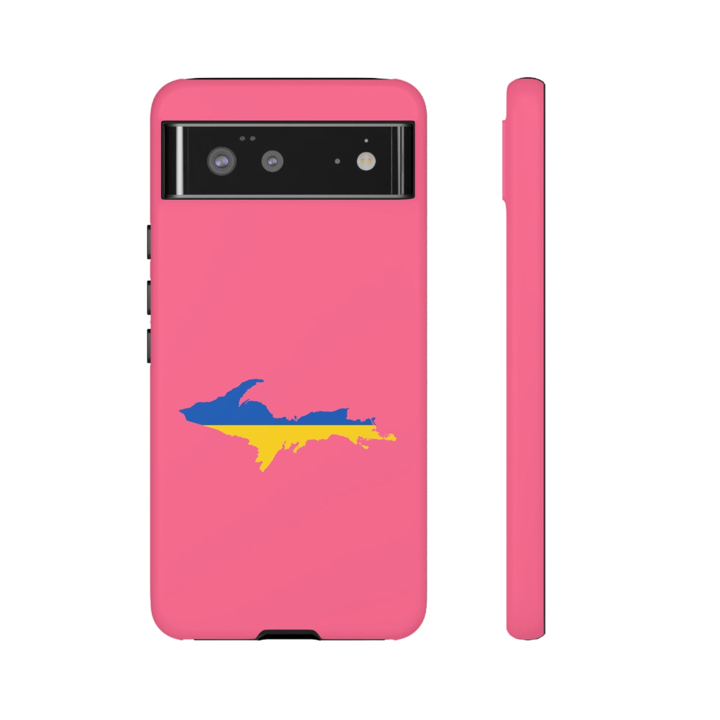 Michigan Upper Peninsula Tough Phone Case (Rhodochrosite Pink w/ UP Ukraine Flag Outline) | Samsung & Pixel Android