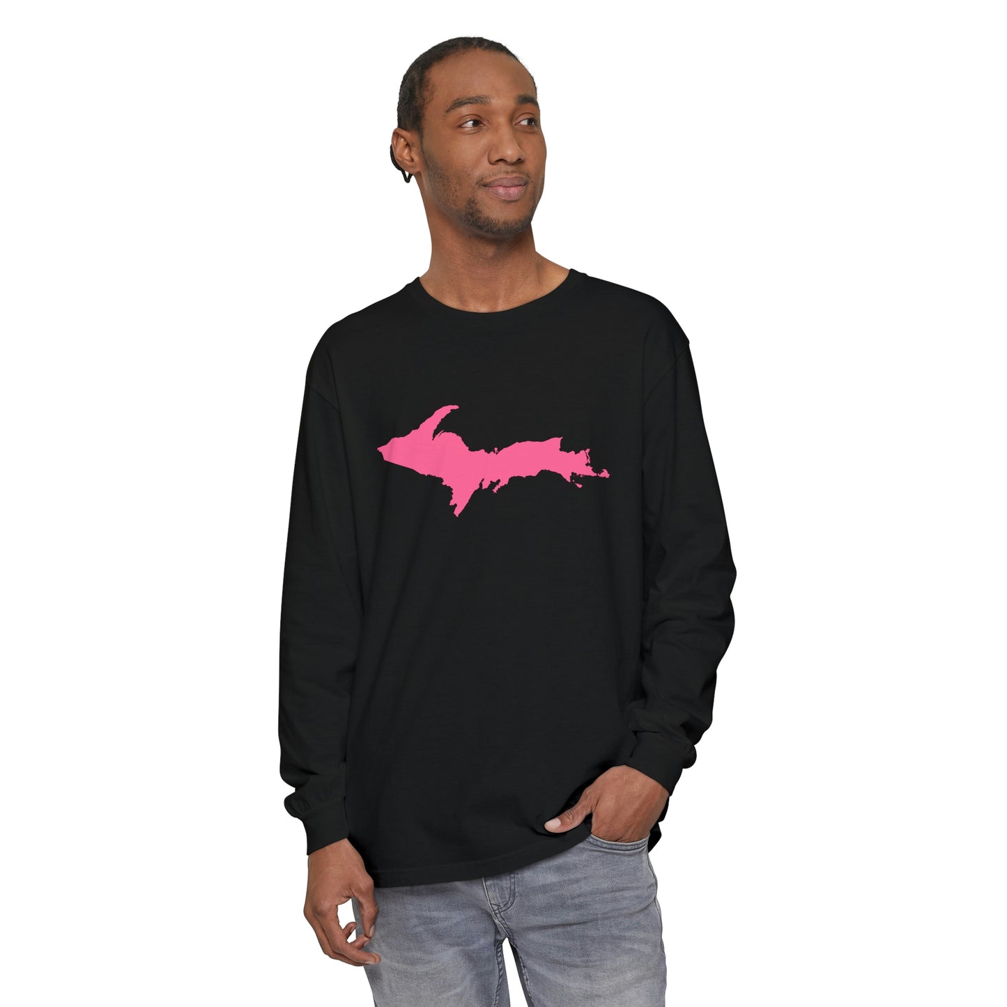 Michigan Upper Peninsula Garment-Dyed T-Shirt (w/ Pink UP Outline) | Unisex Long Sleeve