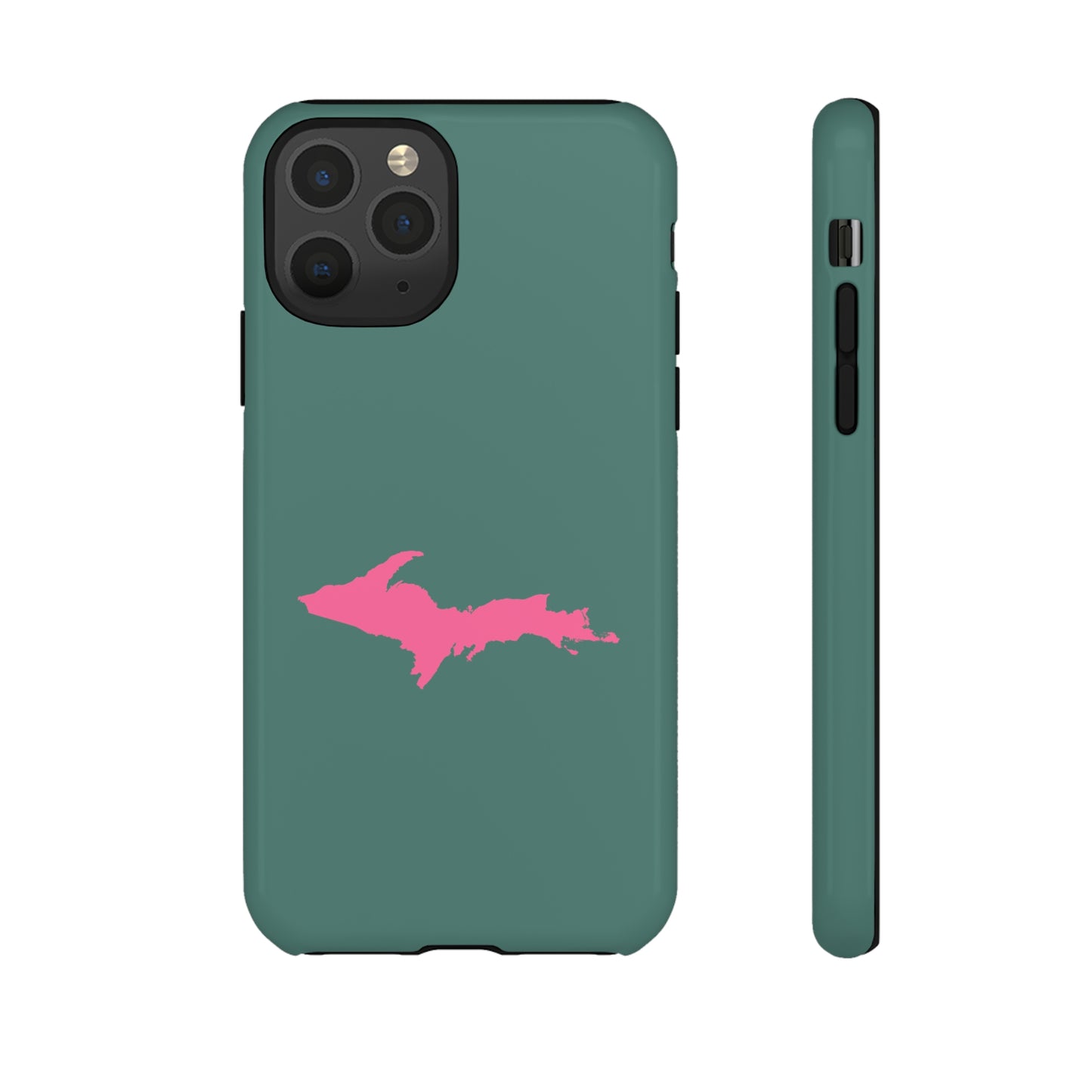 Michigan Upper Peninsula Tough Phone Case (Copper Green w/ Pink UP Outline) | Apple iPhone