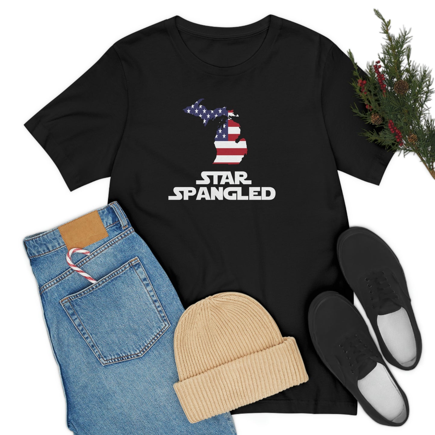 Michigan 'Star Spangled' T-Shirt (Epic Sci Fi Font w/ MI USA Flag Outline) | Unisex Standard Fit