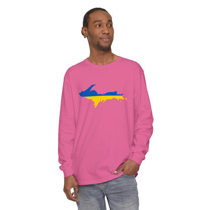 Michigan Upper Peninsula Garment-Dyed T-Shirt (w/ UP Ukraine Flag Outline) | Unisex Long Sleeve