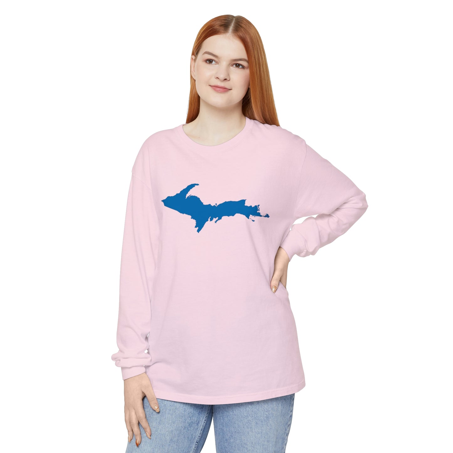 Michigan Upper Peninsula Garment-Dyed T-Shirt (w/ Azure UP Outline) | Unisex Long Sleeve