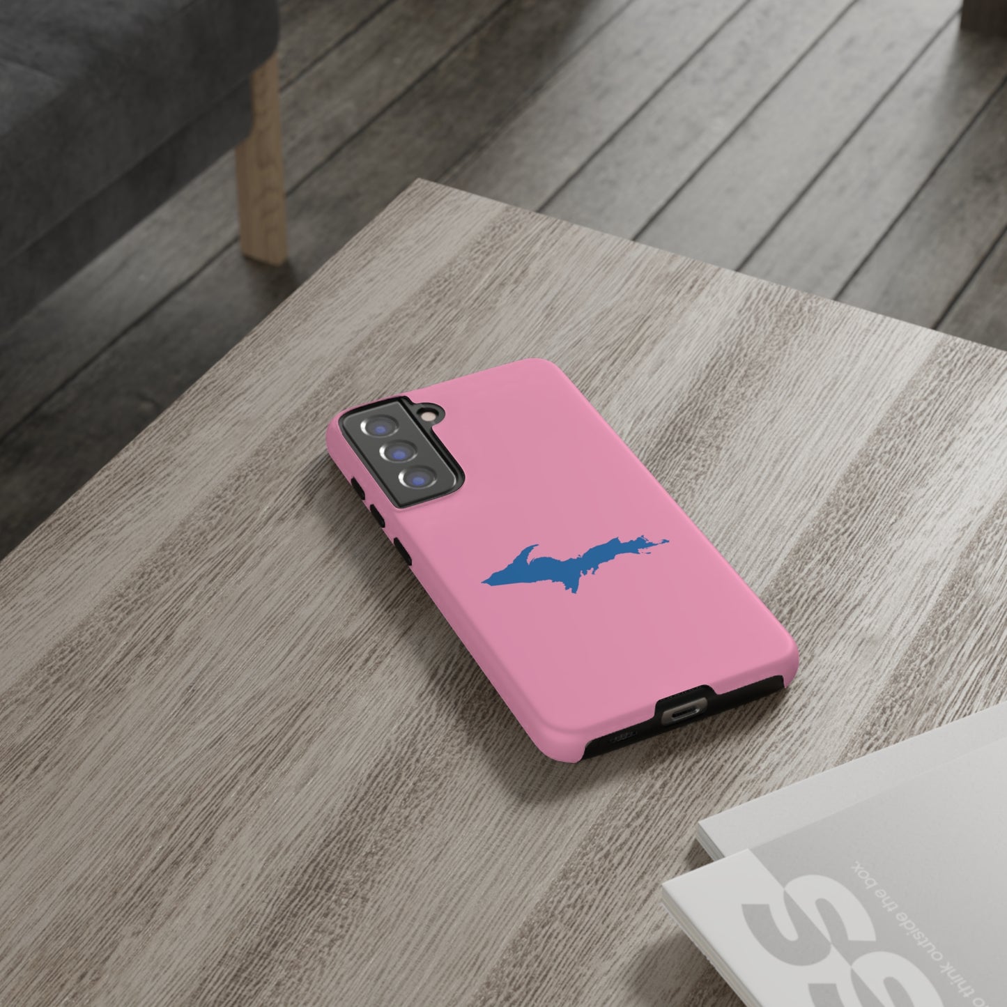 Michigan Upper Peninsula Tough Phone Case ('67 Caddie Pink w/ Azure UP Outline) | Samsung & Pixel Android