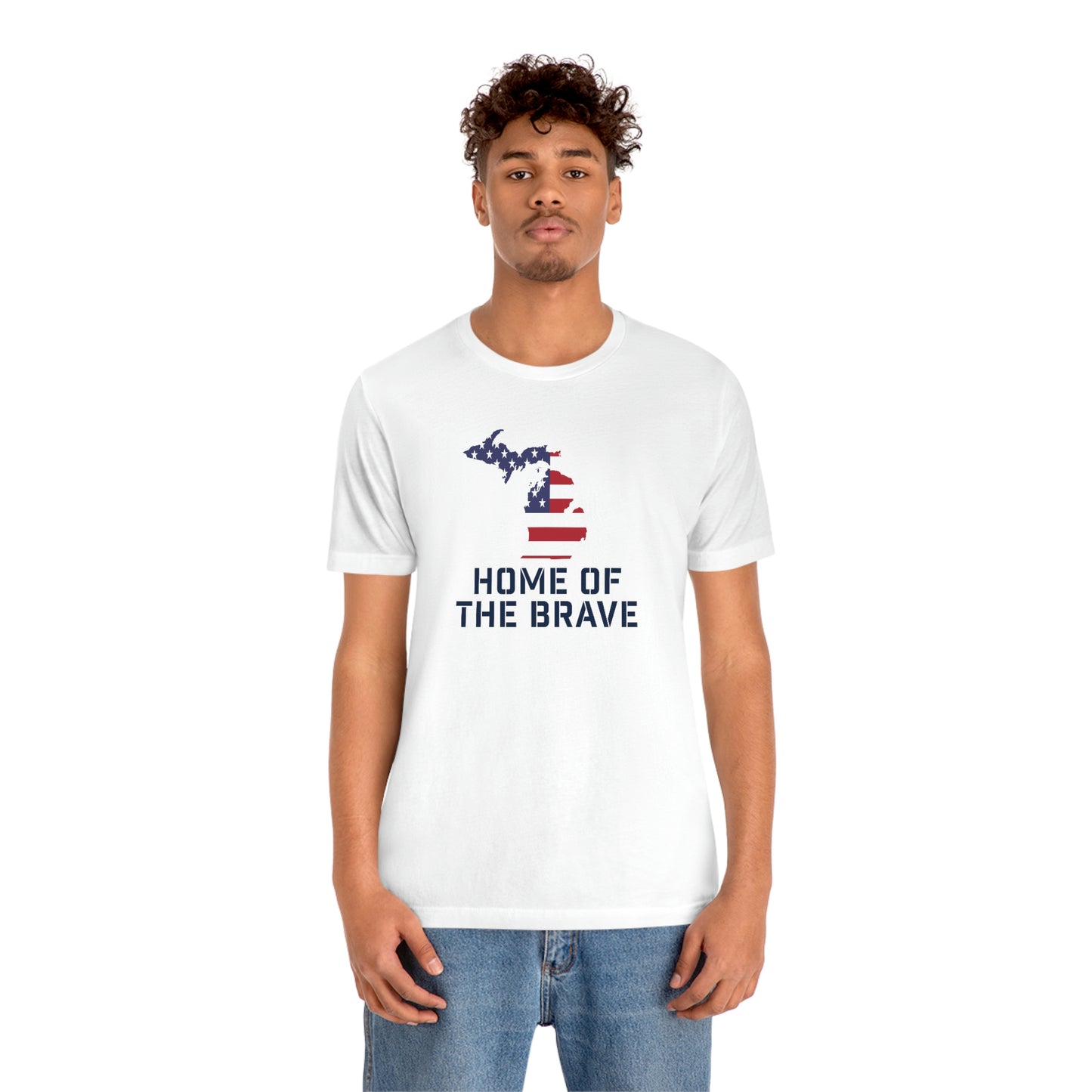 Michigan 'Home of the Brave' T-Shirt (Military Stencil Font w/ MI USA Outline) | Unisex Standard Fit