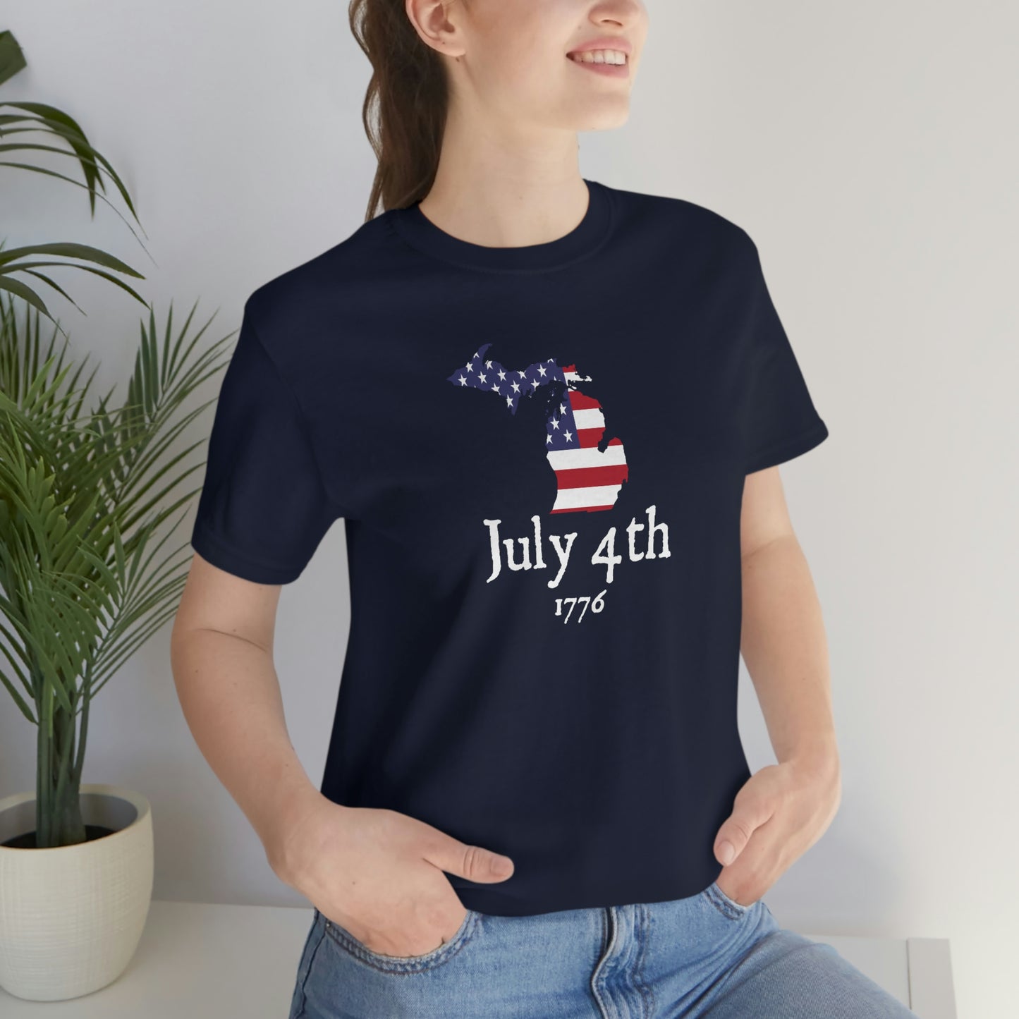 Michigan 'July 4th 1776' T-Shirt (Patriot Font w/ MI USA Outline) | Unisex Standard Fit