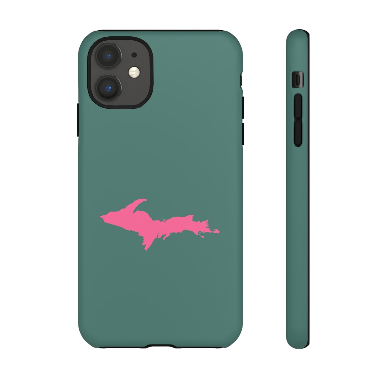 Michigan Upper Peninsula Tough Phone Case (Copper Green w/ Pink UP Outline) | Apple iPhone