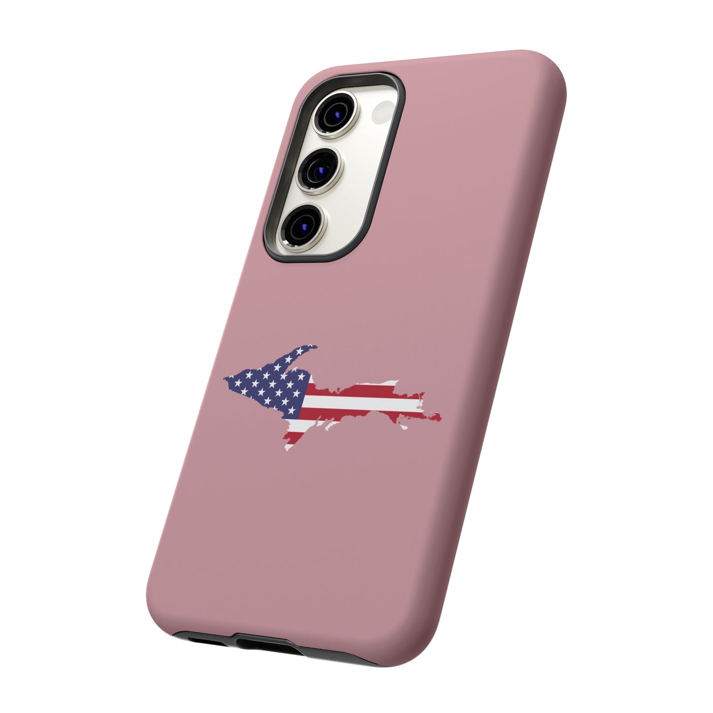 Michigan Upper Peninsula Tough Phone Case (Cherry Blossom Pink w/ UP USA Flag Outline) | Samsung & Pixel Android