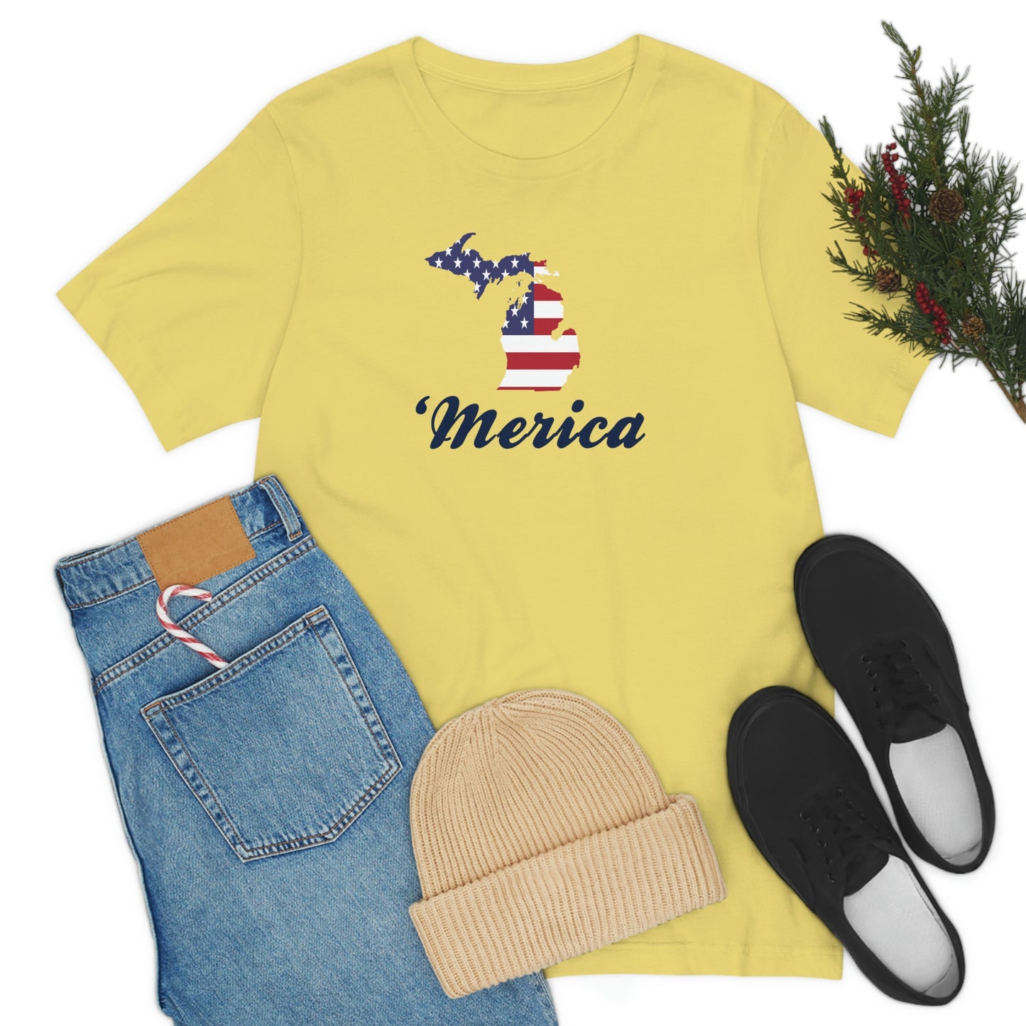 Michigan 'Merica' T-Shirt (Script Font w/ MI USA Flag Outline) | Unisex Standard Fit