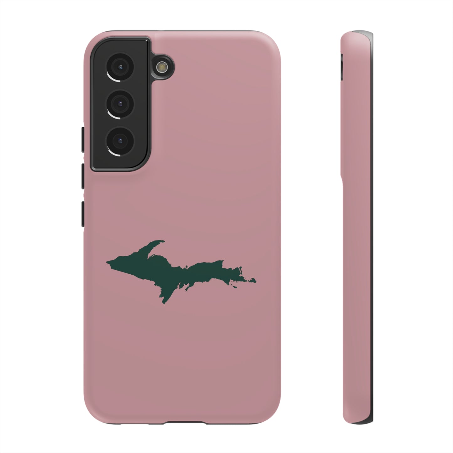 Michigan Upper Peninsula Tough Phone Case (Cherry Blossom Pink w/ Green UP Outline) | Samsung & Pixel Android