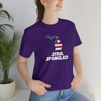 Michigan 'Star Spangled' T-Shirt (Epic Sci Fi Font w/ MI USA Flag Outline) | Unisex Standard Fit