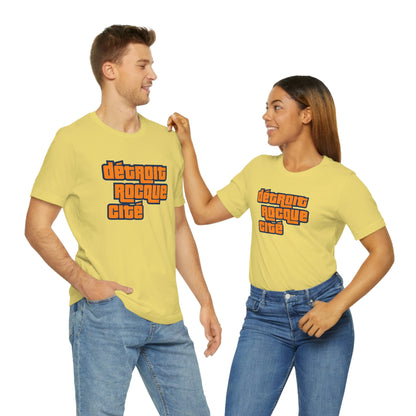 'Détroit Rocque Cité' T-Shirt (Orange Automotive Crime Parody) | Unisex Standard Fit