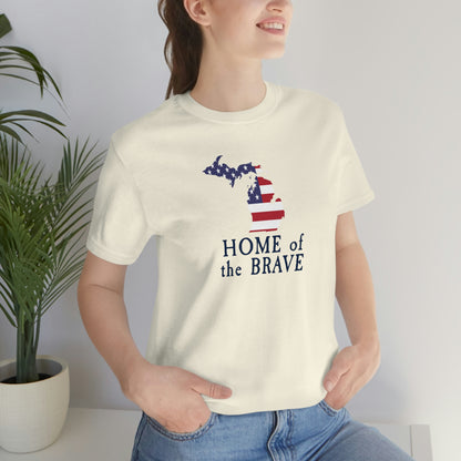 Michigan 'Home of the Brave' T-Shirt (Colonial Font w/ MI USA Outline) | Unisex Standard Fit