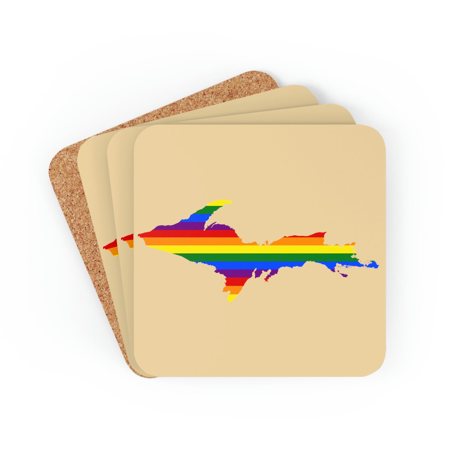 Michigan Upper Peninsula Coaster Set (Maple Color w/ UP Pride Flag Outline) | Corkwood - 4 pack