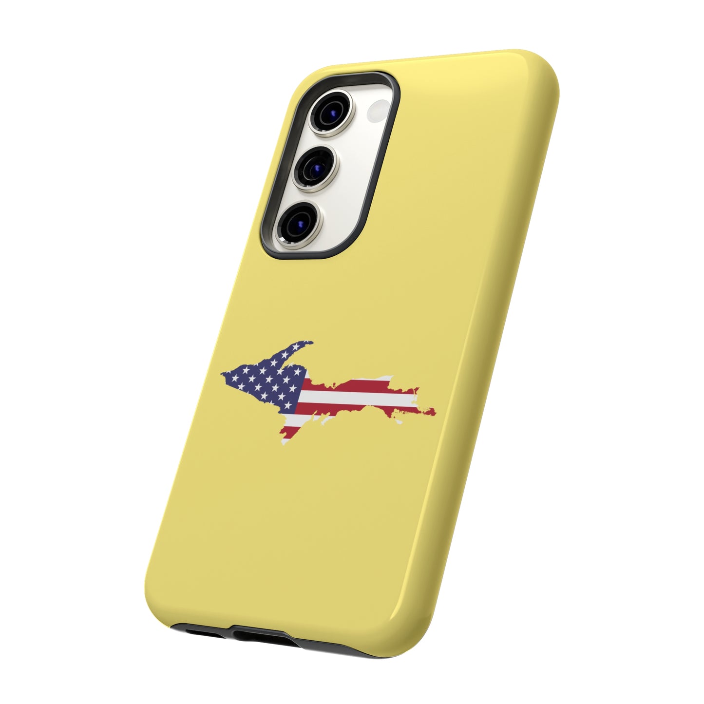 Michigan Upper Peninsula Tough Phone Case (Yellow Cherry Color w/ UP USA Flag Outline) | Samsung & Pixel Android