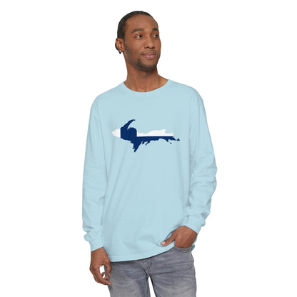 Michigan Upper Peninsula Garment-Dyed T-Shirt (w/ UP Finland Flag Outline) | Unisex Long Sleeve