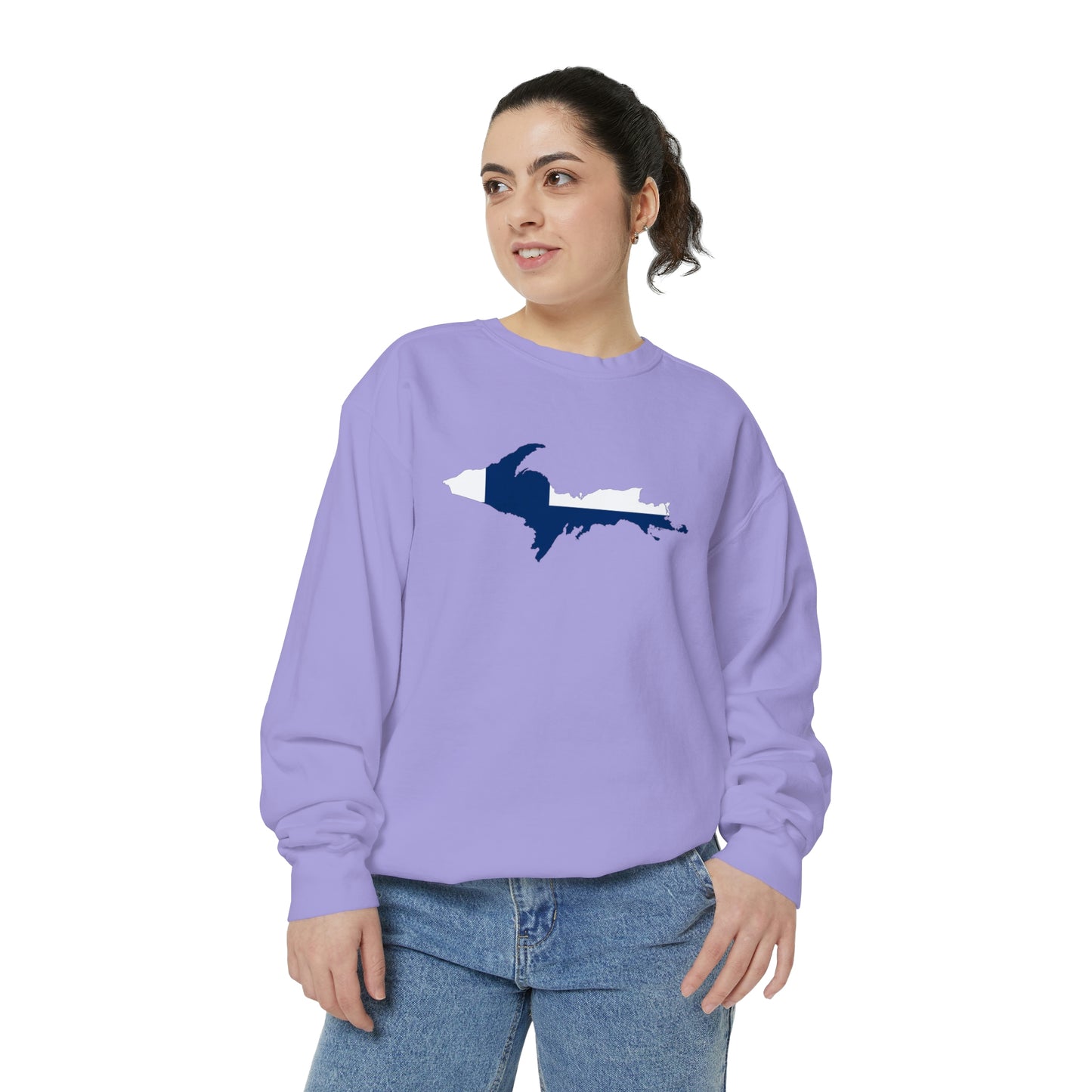 Michigan Upper Peninsula Sweatshirt (w/ UP Finland Flag Outline) | Unisex Garment Dyed