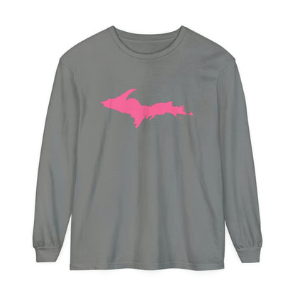 Michigan Upper Peninsula Garment-Dyed T-Shirt (w/ Pink UP Outline) | Unisex Long Sleeve