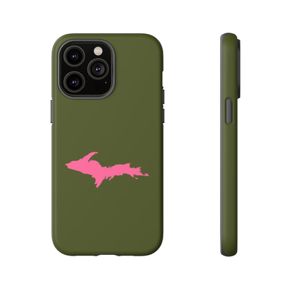 Michigan Upper Peninsula Tough Phone Case (Army Green w/ Pink UP Outline) | Apple iPhone