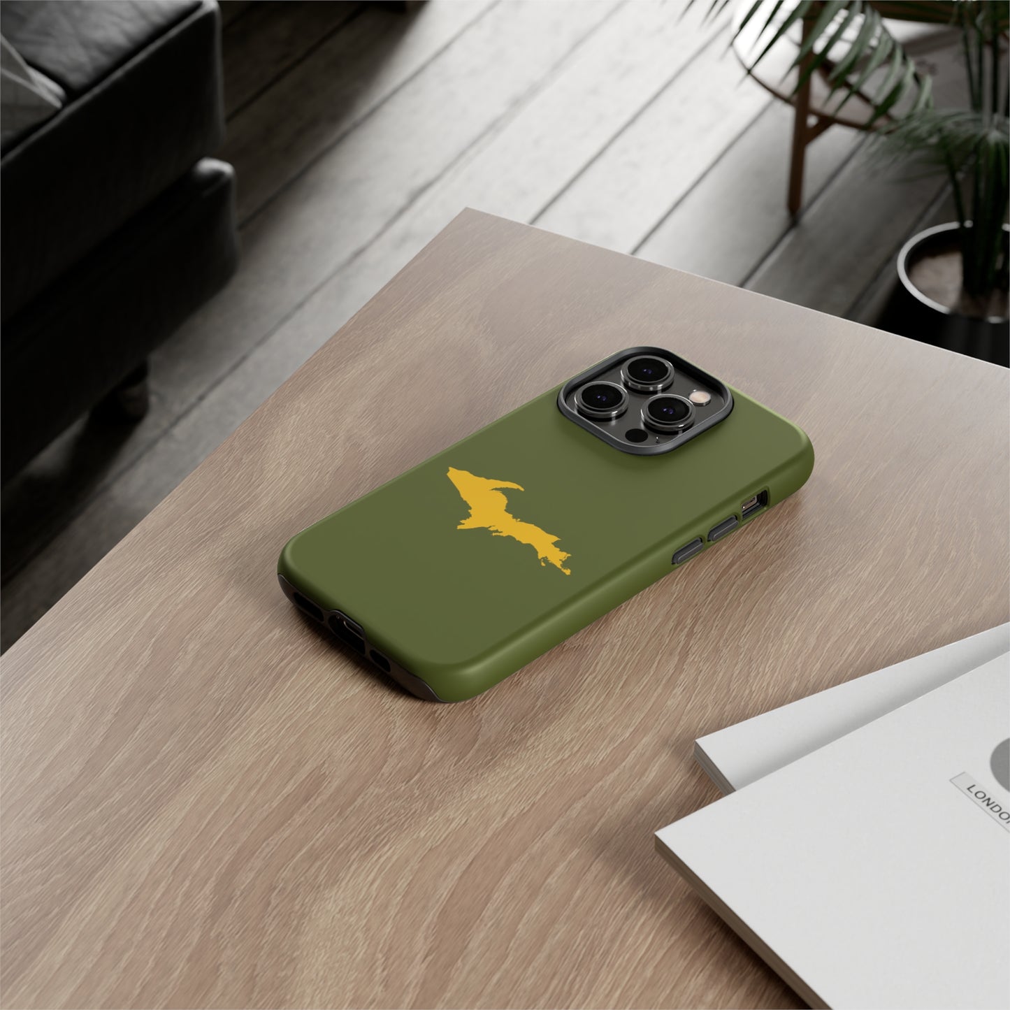 Michigan Upper Peninsula Tough Phone Case (Army Green w/ Gold UP Outline) | Apple iPhone