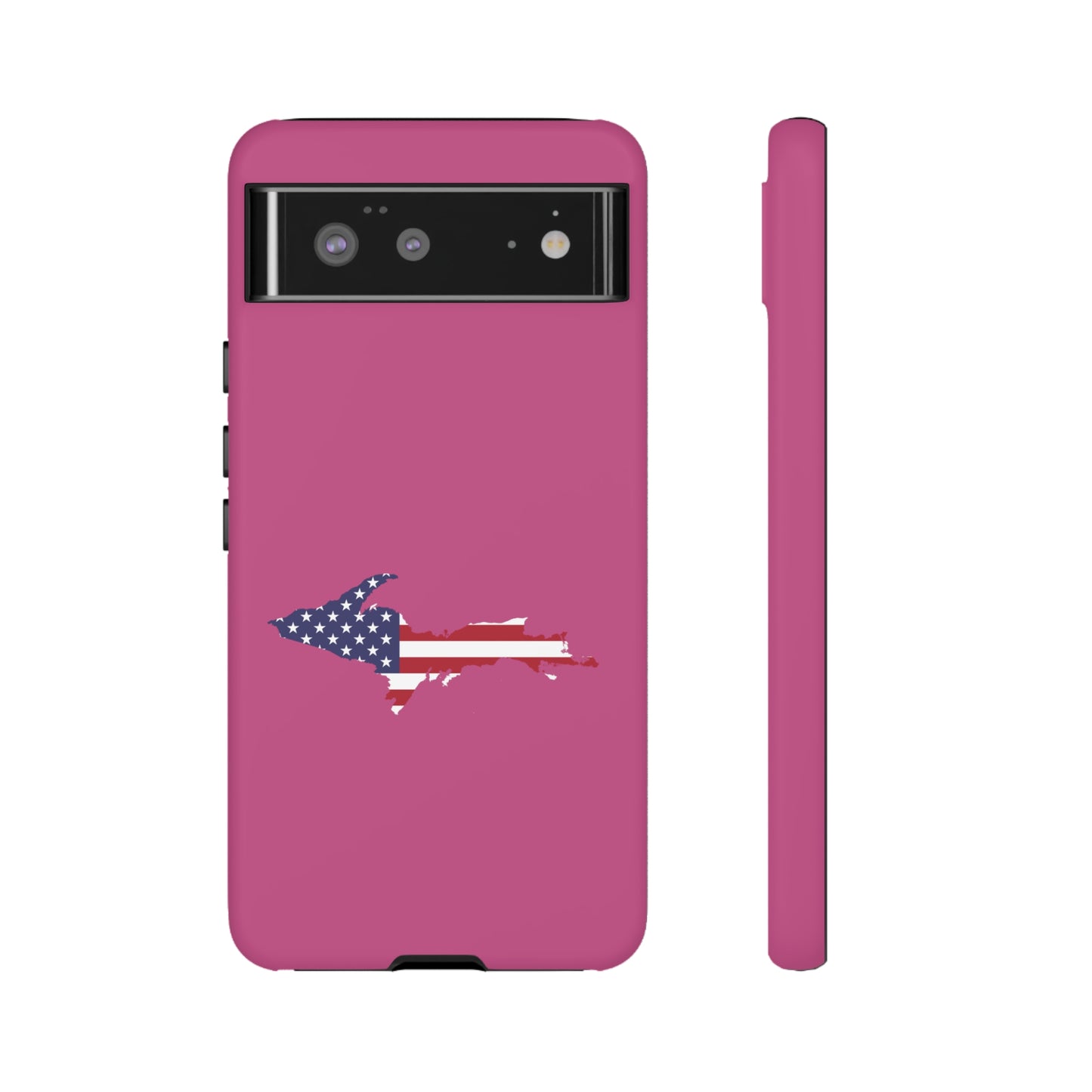 Michigan Upper Peninsula Tough Phone Case (Apple Blossom Pink w/ UP USA Flag Outline) | Samsung & Pixel Android