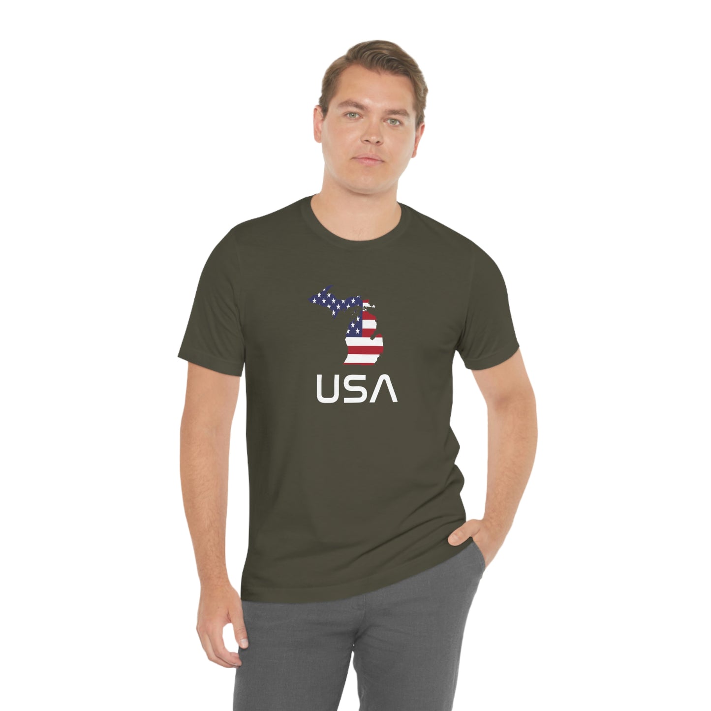 Michigan 'USA' T-Shirt (Space Agency Font w/ MI USA Flag Outline) | Unisex Standard Fit