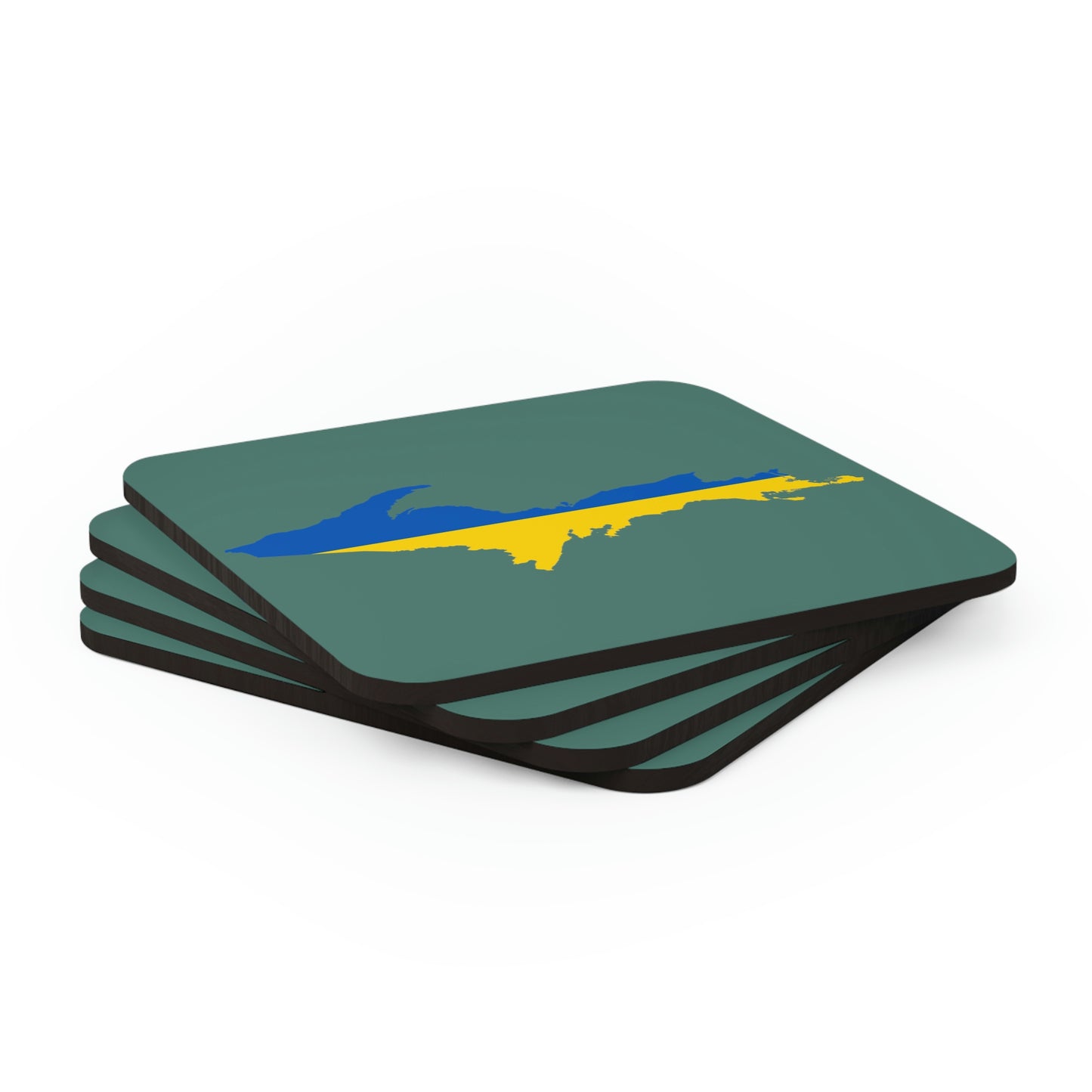 Michigan Upper Peninsula Coaster Set (Copper Green w/ UP Ukraine Flag Outline) | Corkwood - 4 pack