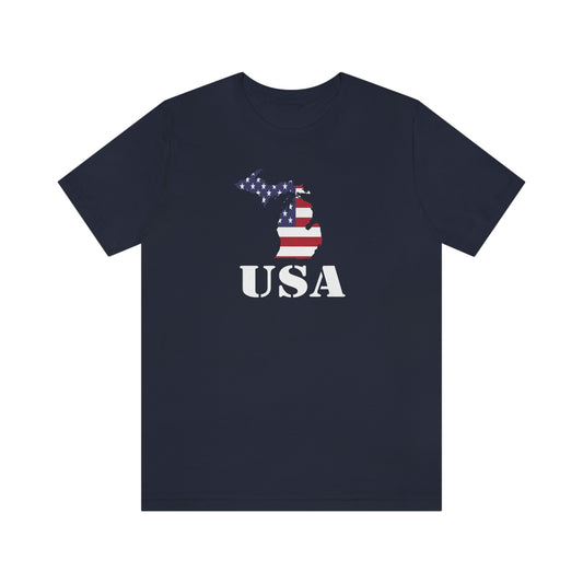 Michigan 'USA' T-Shirt (Army Stencil Font w/ MI USA Flag Outline) | Unisex Standard Fit