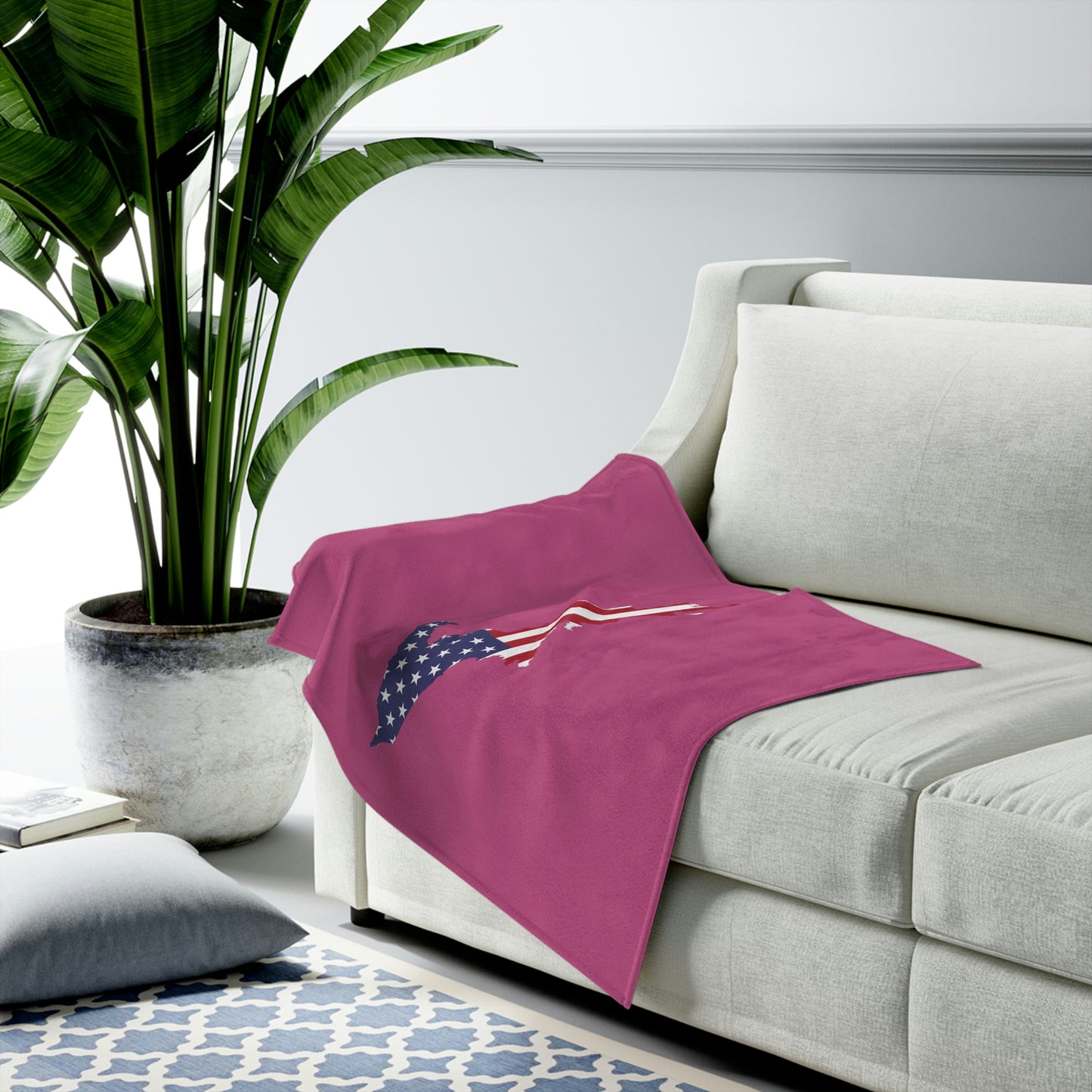 Michigan Upper Peninsula Plush Blanket (w/ UP USA Flag Outline) | Apple Blossom Pink