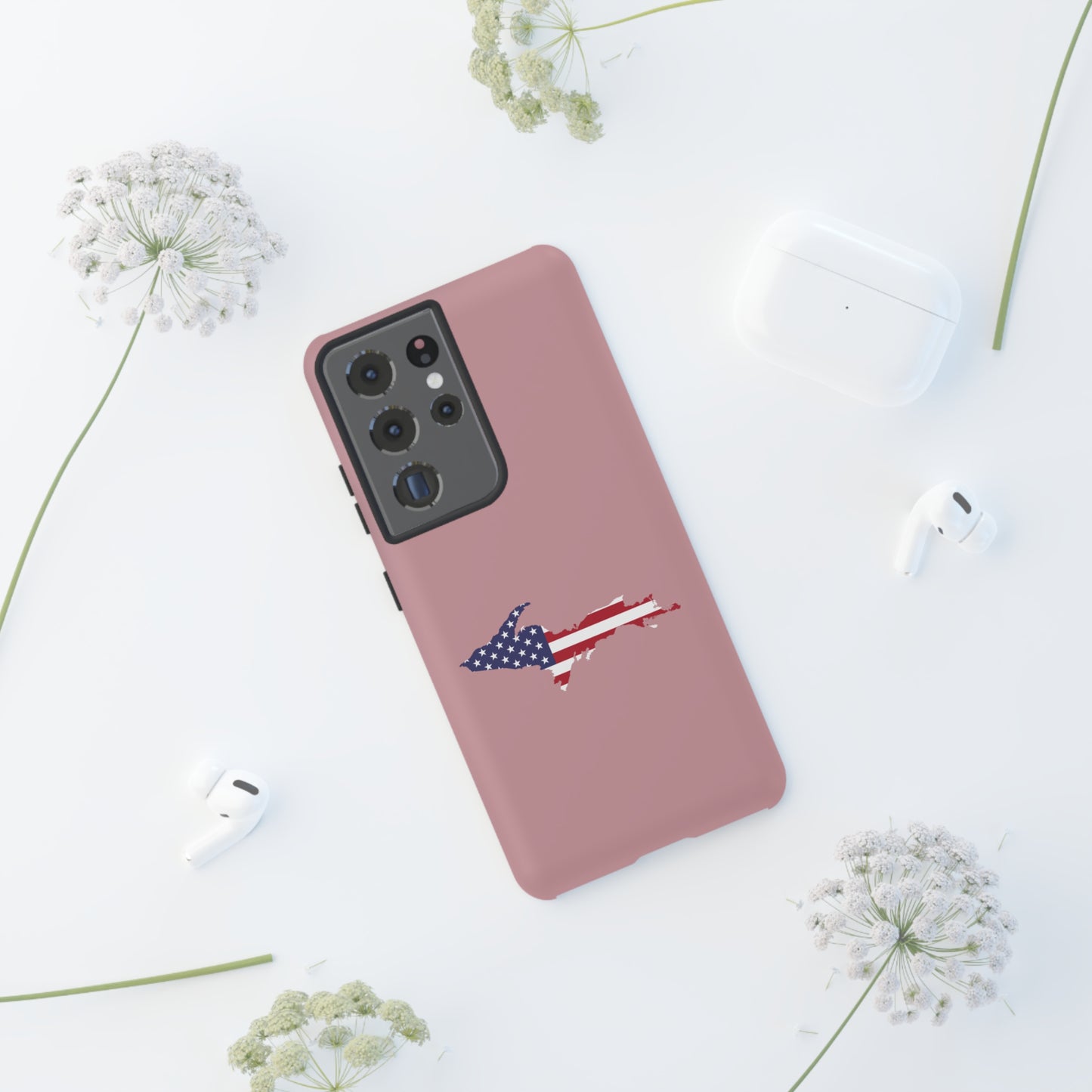 Michigan Upper Peninsula Tough Phone Case (Cherry Blossom Pink w/ UP USA Flag Outline) | Samsung & Pixel Android