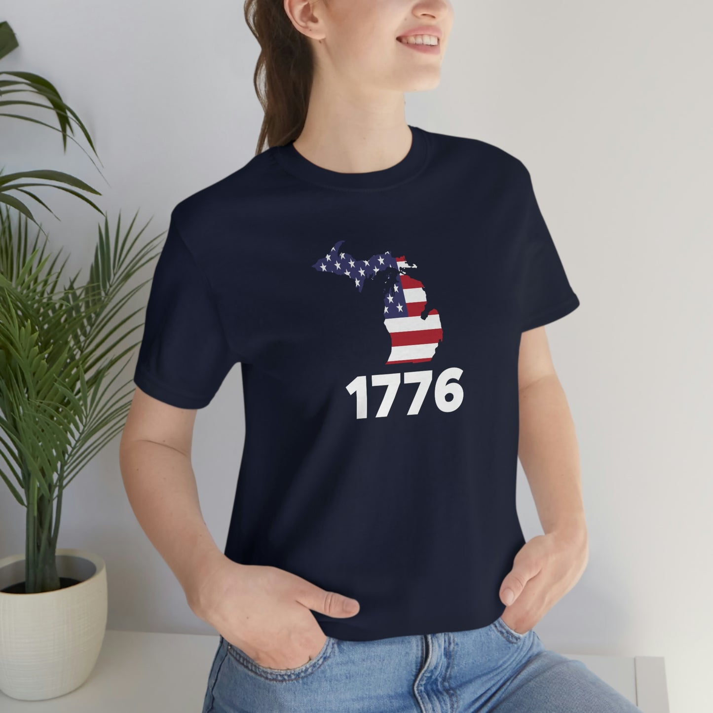 Michigan '1776' T-Shirt (Geometric Sans Font w/ MI USA Flag Outline) | Unisex Standard Fit