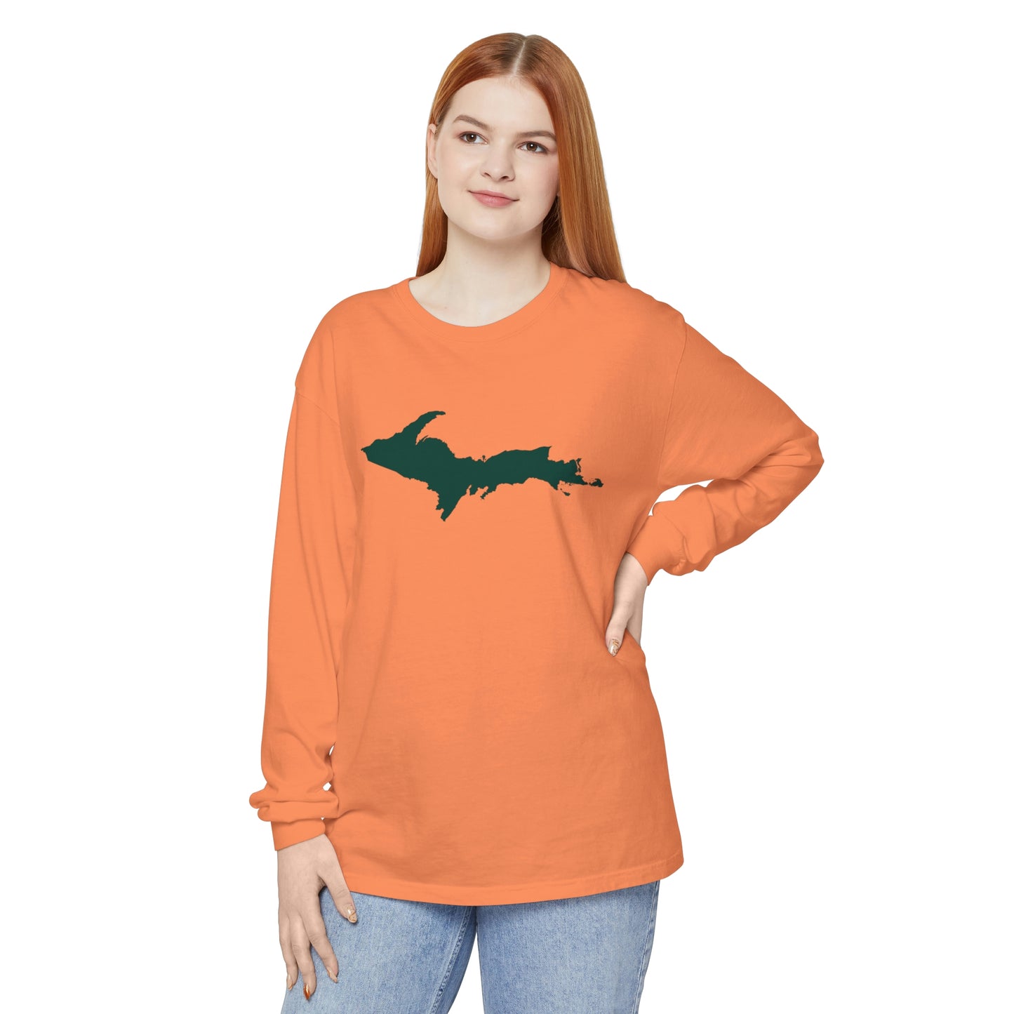 Michigan Upper Peninsula Garment-Dyed T-Shirt (w/ Green UP Outline) | Unisex Long Sleeve