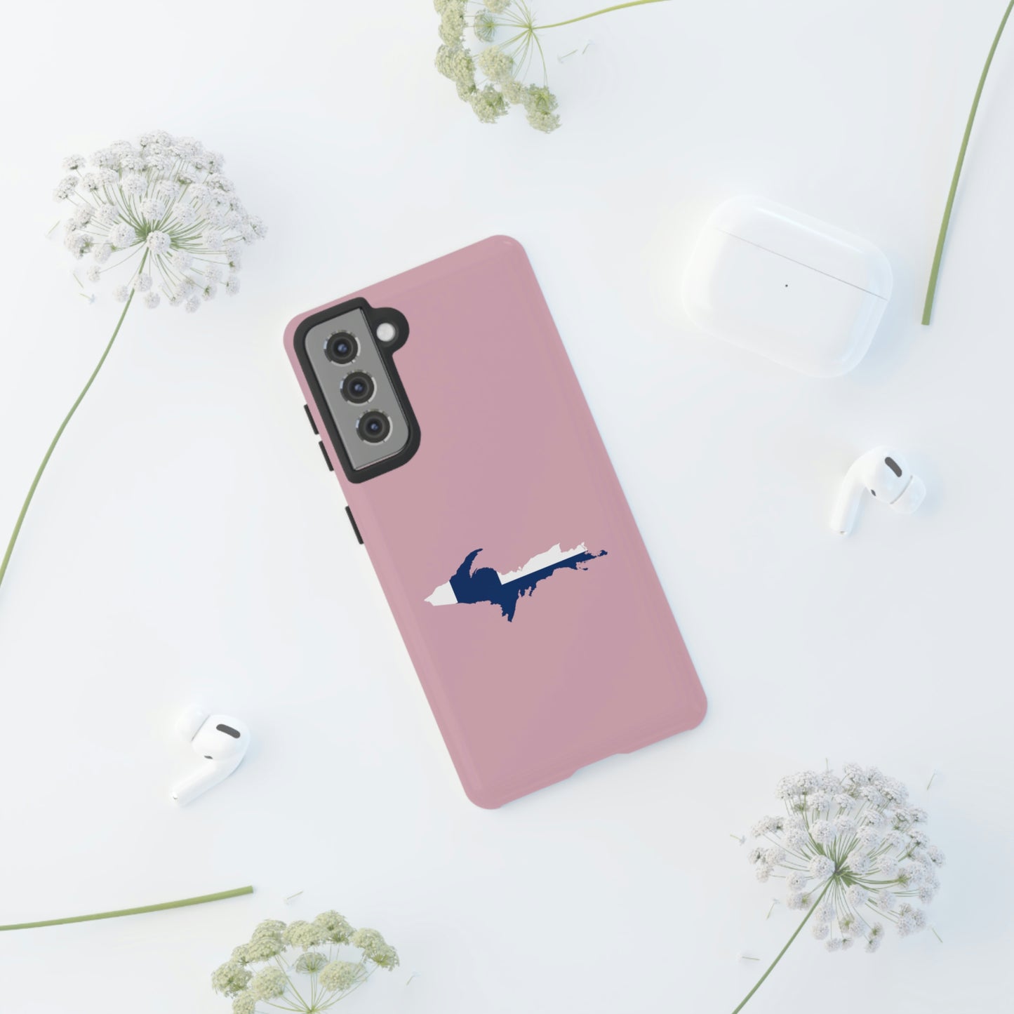 Michigan Upper Peninsula Tough Phone Case (Pink w/ UP Finland Flag Outline) | Samsung & Pixel Android