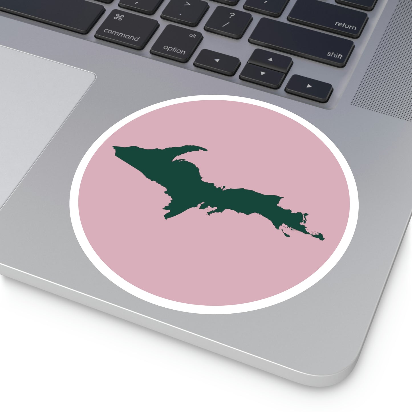 Michigan Upper Peninsula Round Stickers (Pink w/ Green UP Outline) | Indoor\Outdoor